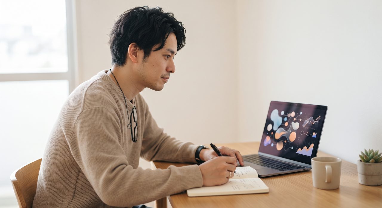 パソコンの画面でAI生成画像を確認しながらメモを取っている様子