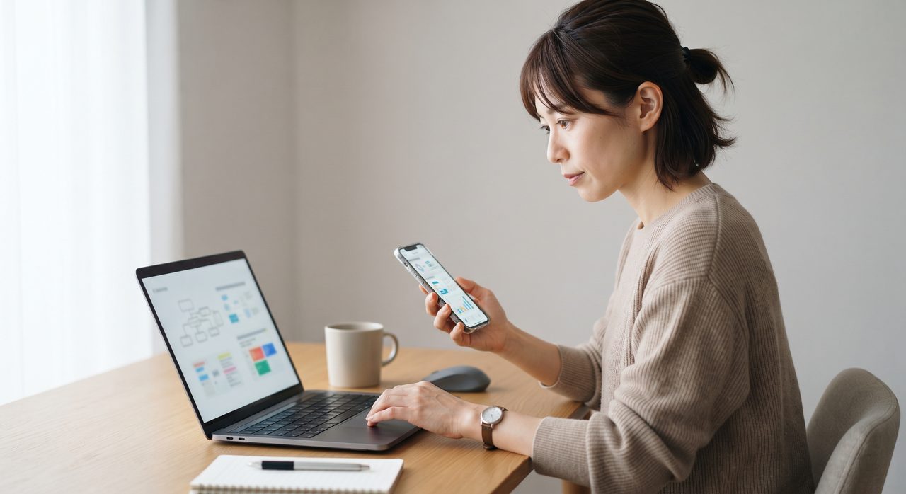 AIサービスの利用規約ページをパソコンとスマートフォン両方で見比べながら確認している様子