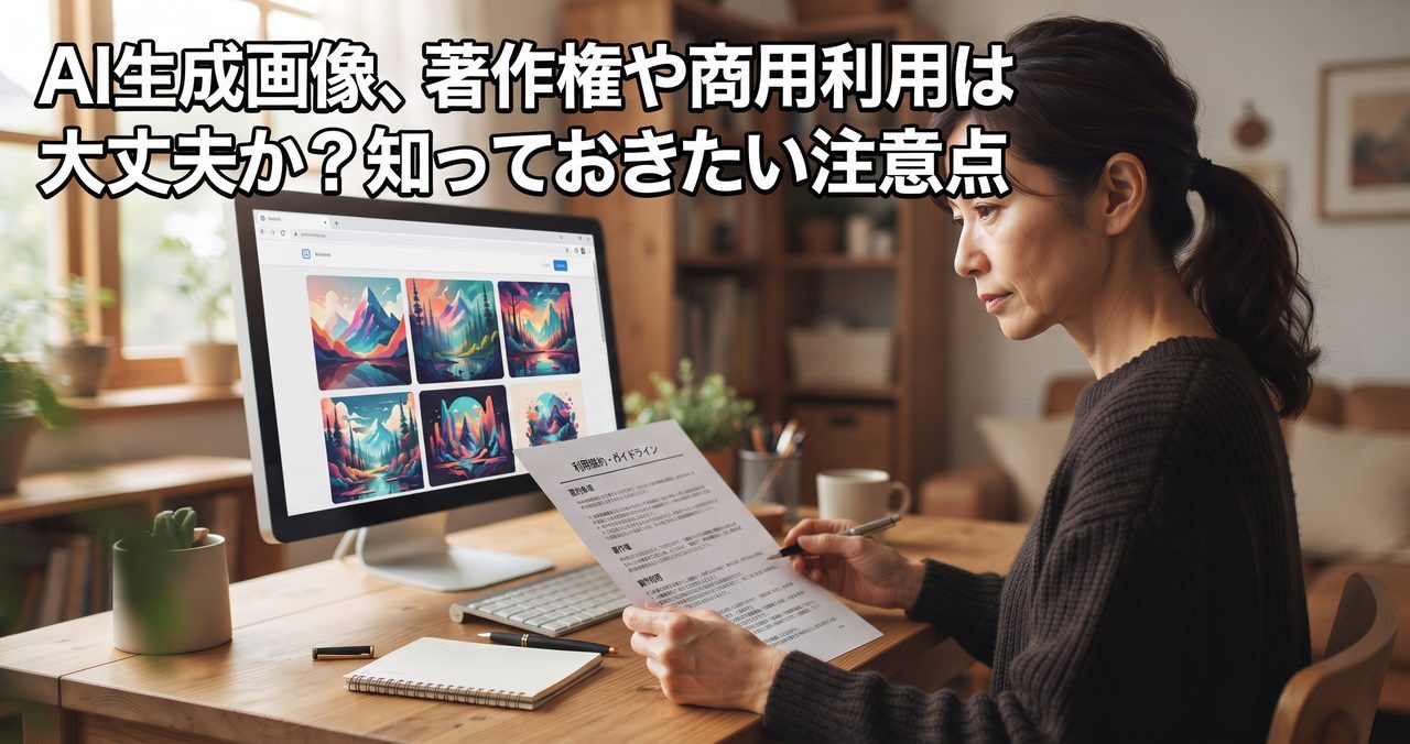 在宅のデスクでAI生成画像を数枚見比べながら、著作権・利用規約らしき書類に目を通している人物