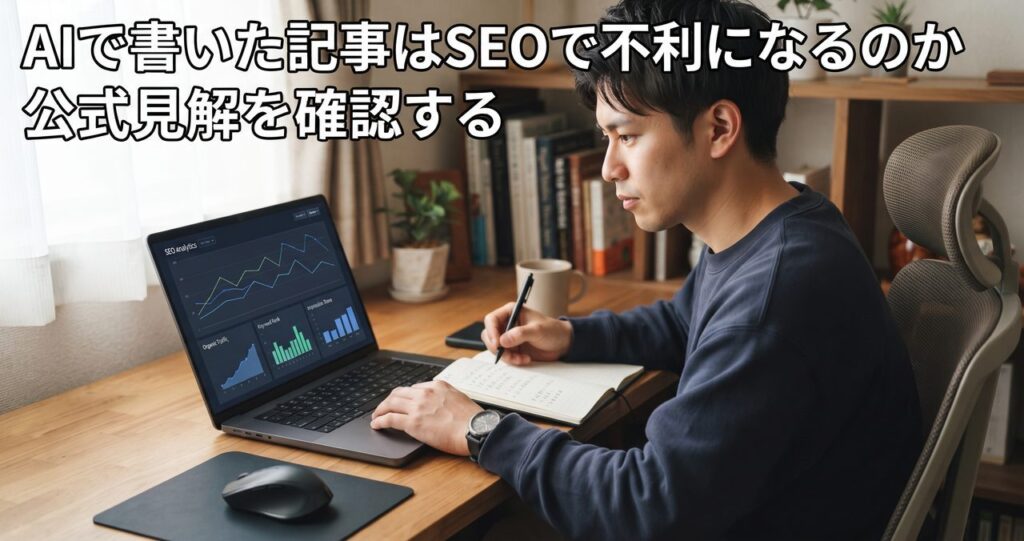 在宅のデスクでノートパソコンに表示された検索順位・アクセス解析のグラフを確認しながらメモを取っている人物