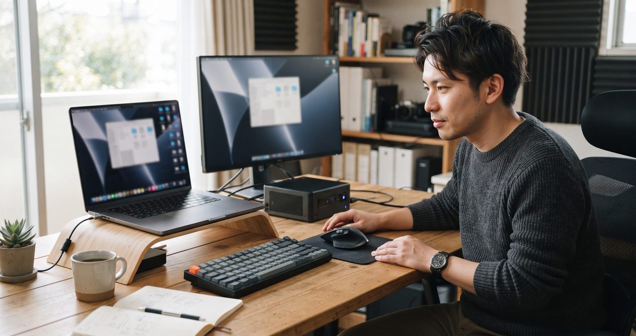 ノートPCとミニPCを見比べて検討する様子