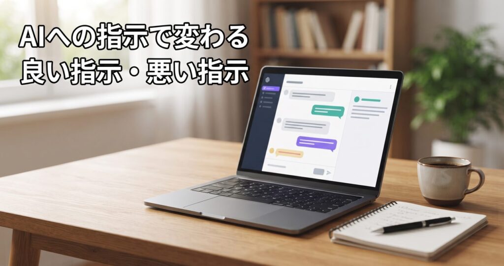 木製デスクに置かれた無地のノートパソコン、画面には抽象的なチャット風のレイアウトが表示され、AIへの指示の出し方を考えている様子