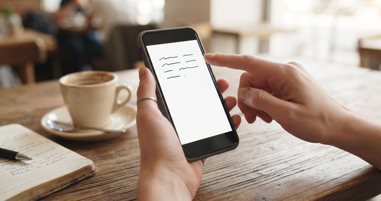 カフェのテーブルでスマートフォンを片手に持ち、メモアプリのような真っ白な画面に指で下書きの短い投稿文を書き込んでいる手元