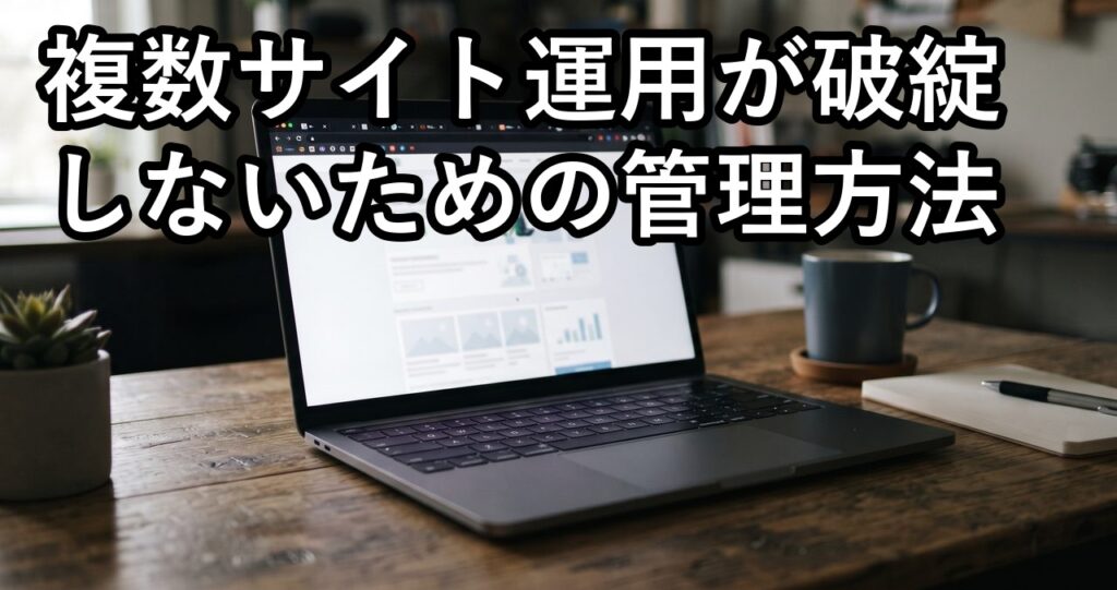 木製デスクに置かれたノートパソコン、画面には抽象的なウェブページのレイアウトが表示されており、画像上部に「複数サイト運用が破綻しないための管理方法」というタイトル文字が白抜き黒縁取りで焼き込まれている