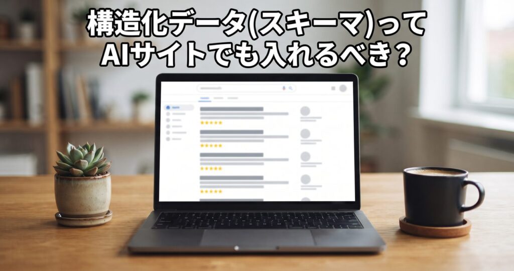 検索結果ページを模した抽象的なワイヤーフレーム画面を表示するノートパソコンがデスクの上に置かれ、記事タイトルの文字が上部に焼き込まれている情景