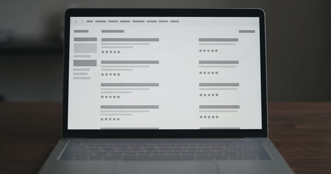 ノートパソコンの画面いっぱいに、星マークの評価アイコンとグレーの帯が並ぶ検索結果一覧のワイヤーフレーム風レイアウトが表示されている様子