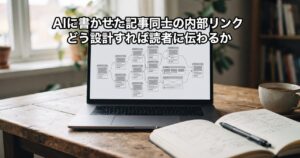 デスクのノートパソコン画面に、記事カード同士が線で結ばれた相関図のようなワイヤーフレーム画面が表示され、記事タイトルの文字が上部に焼き込まれている情景