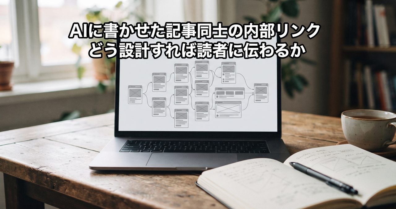デスクのノートパソコン画面に、記事カード同士が線で結ばれた相関図のようなワイヤーフレーム画面が表示され、記事タイトルの文字が上部に焼き込まれている情景