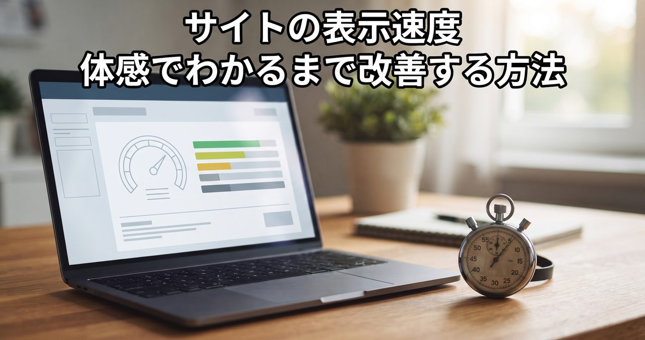 デスクのノートパソコン画面に速度計と診断結果を示すワイヤーフレーム画面が表示され、手前にストップウォッチが置かれ、記事タイトルの文字が上部に焼き込まれている情景