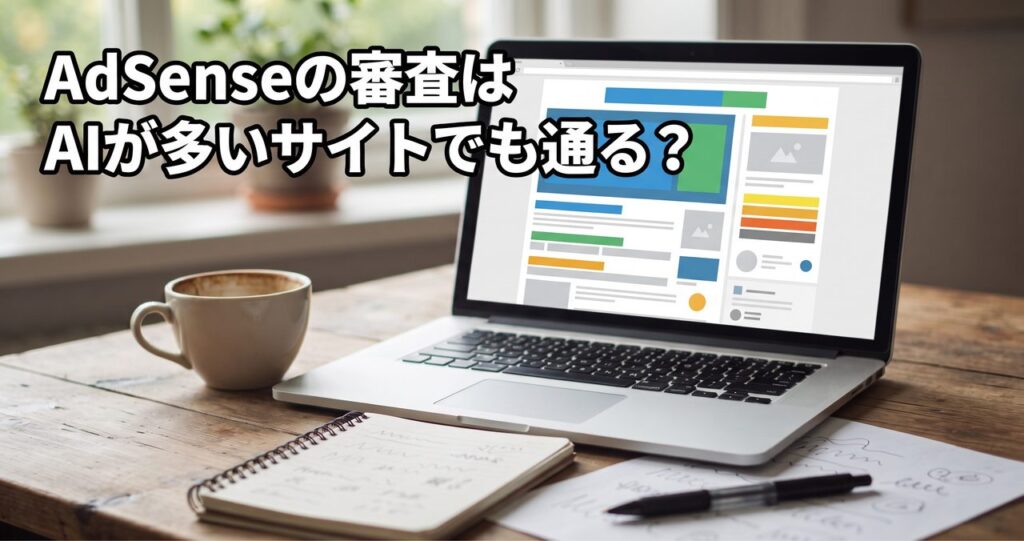 デスクの上のノートパソコン画面に広告枠を思わせる色付きの帯が並ぶ抽象的なレイアウトが表示され、記事タイトルの文字が上部に焼き込まれている情景