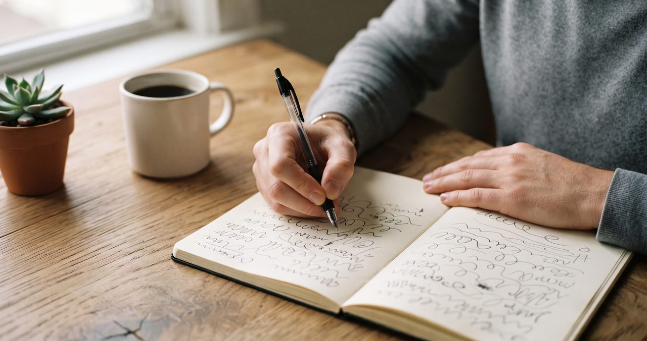 木製デスクでノートに手書きの波線を書き込んでいる人物の手元、隣に観葉植物とコーヒーカップが置かれている