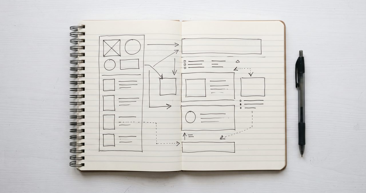 開かれたノートに丸や四角の図形と矢印だけで構成されたサイト構造図が手描きされ、隣にペンが置かれている