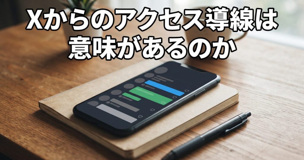 木製の机の上でノートに重ねられた無地のスマートフォンの画面に抽象的な投稿フィードのレイアウトが表示され、記事タイトルの文字が上部に焼き込まれている