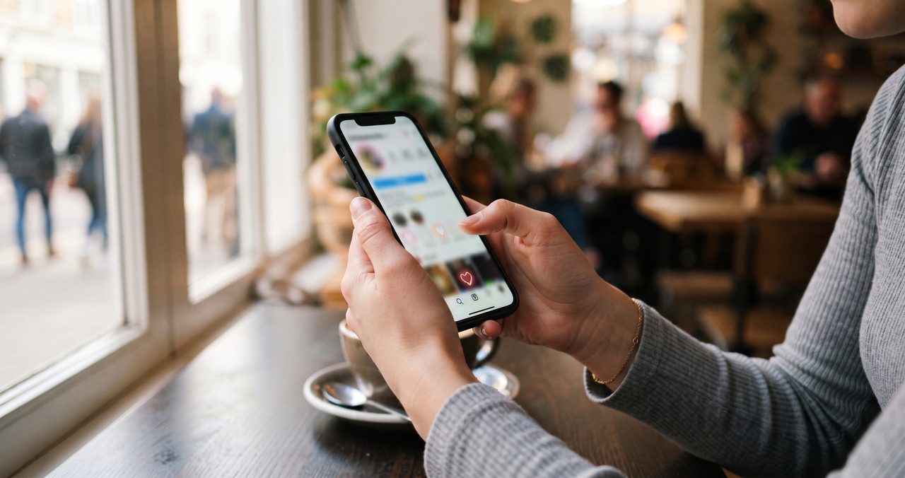 カフェの窓際でスマートフォンを持ちながら画面をスクロールしている人物の手元のクローズアップ、背景に店内の様子がぼんやり写る