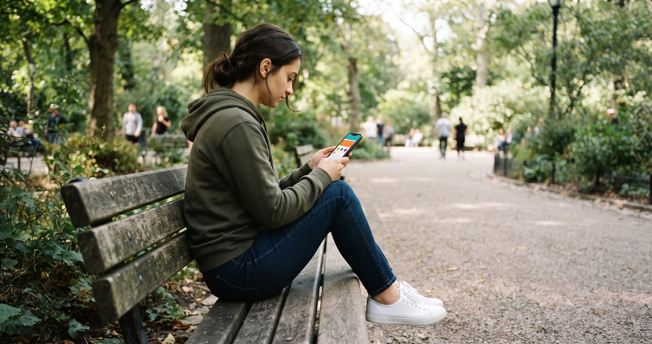 公園のベンチに座りスマートフォンを眺める人物を横から撮影した、周囲の木々や遊歩道全体が写り込む引きの構図